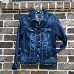 Medium wash distressed denim jacket
